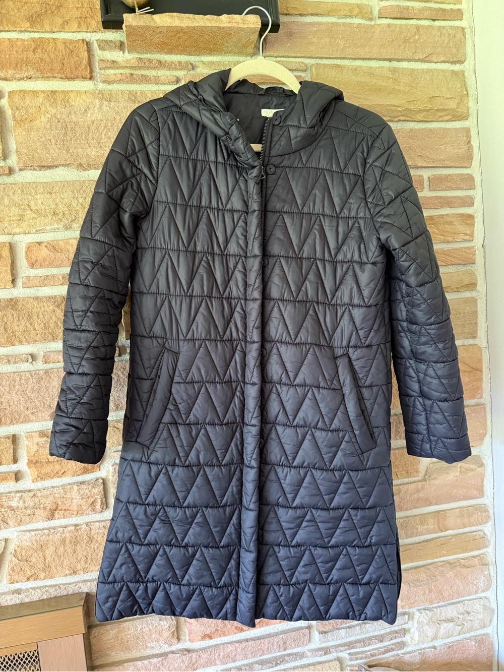 Eileen Fisher quilted black coat with hood pp